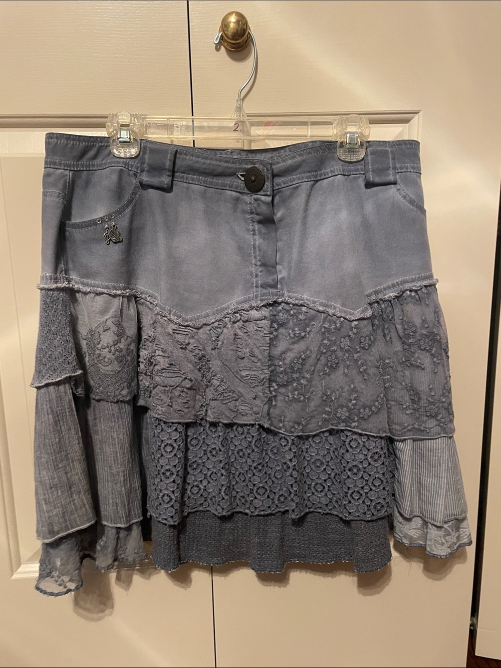 Boho Tiered Lace Mini Skirt in Dusty Blue by Elisa Caveletti